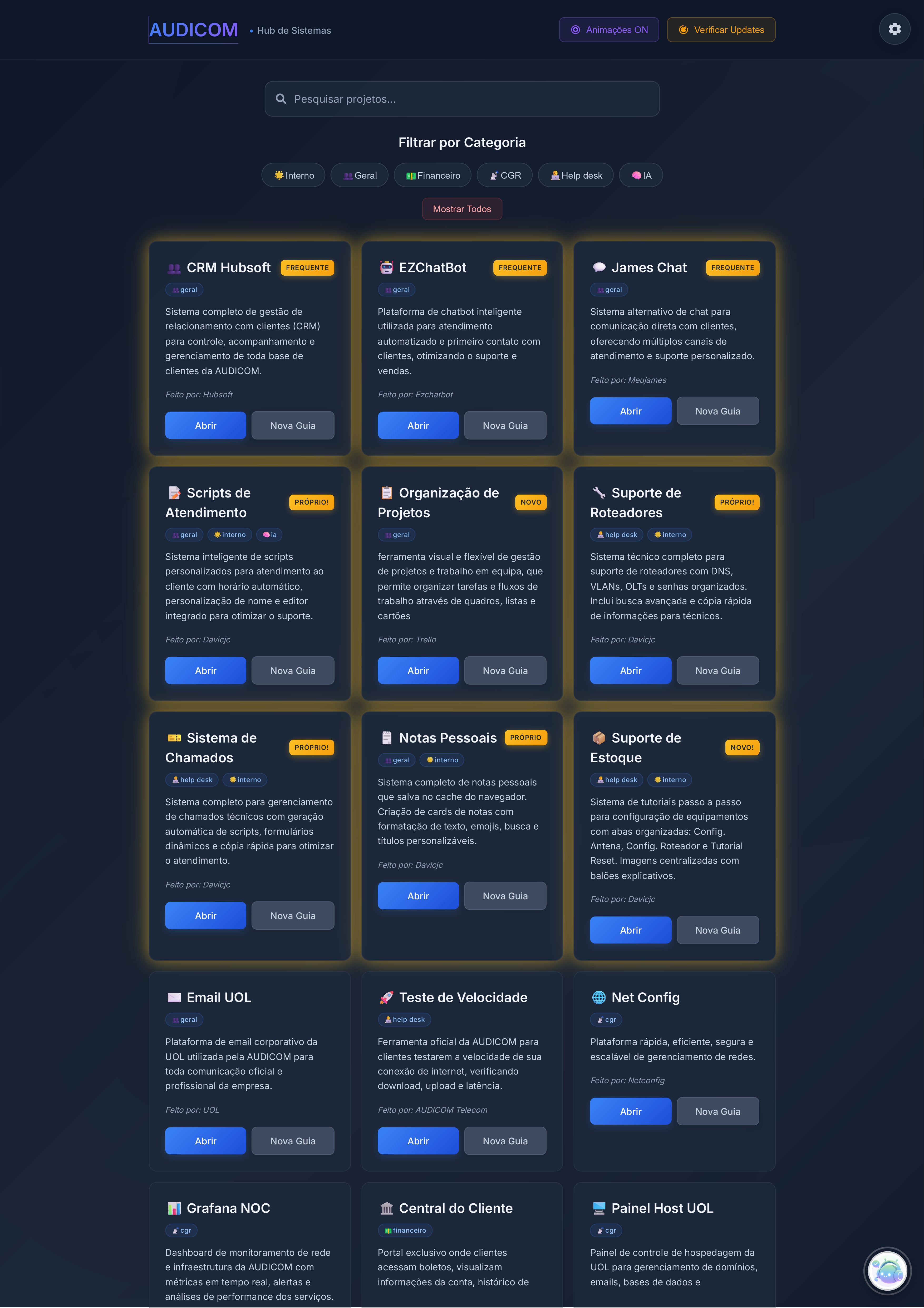 Hub Audicom - Interface da plataforma centralizada